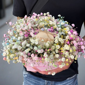 Композиция в коробке сердца из радужных гипсофил с топпером в Видном